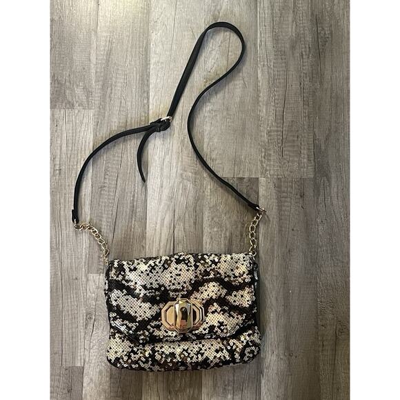DEUX LUX Anthropologie Black Gold Print Sequin Clutch Turnlock Evening Handbag - Picture 1 of 16